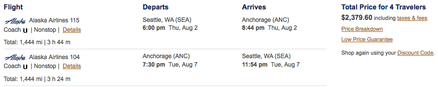 Alaska Air - SEA to ANC Flight Cost