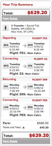 Virgin America SEA To JFK Cost