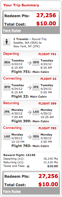 Virgin America SEA To JFK Elevate Pts